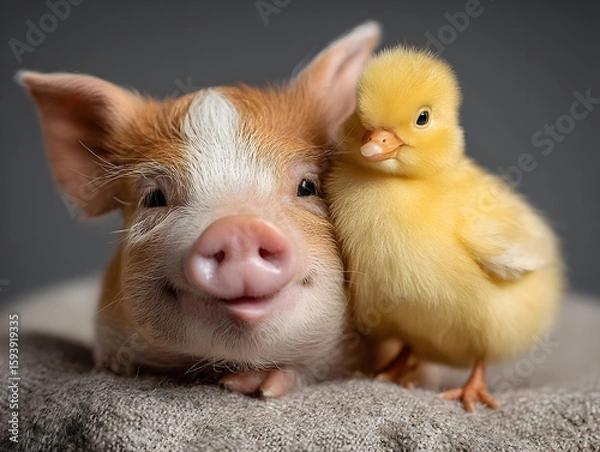 Fototapeta Cute piglet nestling beside fluffy yellow chick, sharing cozy blanket and displaying unlikely animal companionship