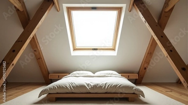 Fototapeta Unique Loft Bedroom Design Showcasing Sloped Ceilings, Minimalist Furniture, and a Central Skylight Creating an Open Ambiance