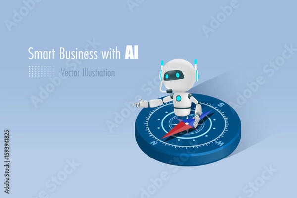Fototapeta AI artificial intelligence robot pointing direction on compass. AI technology as smart assistant to develop business vision, direction and strategy. 3D Vector.
