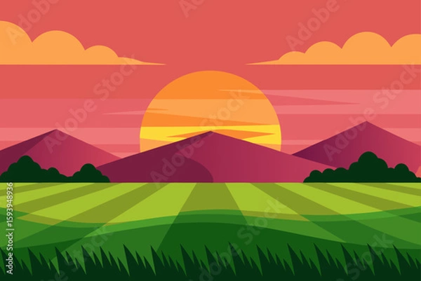 Fototapeta Sunset Over Rice Fields with Distant Hills and Glow