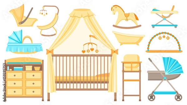 Fototapeta Baby furniture and equipment set. Cot, changing table, stroller, cradle, bath, highchair and other items of baby care. Vector illustration.