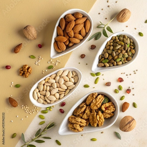 Fototapeta Assortment of healthy nuts and seeds in white bowls on a neutral background