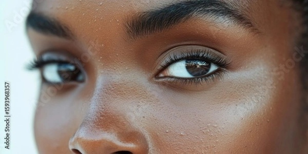 Fototapeta A woman's smooth complexion with glowing eyes, showcasing a close-up view of her sweat and pores.