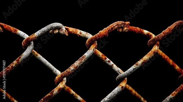 Fototapeta The close-up of the rusty and broken chains, symbolizing desolation and the disconnect from social media, represents a space for sharing experiences through pictures or messages.