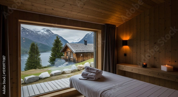 Fototapeta Cozy spa room with a tranquil view of a lake, mountains, and cabin offers a calming and serene experience for relaxation and wellness.
