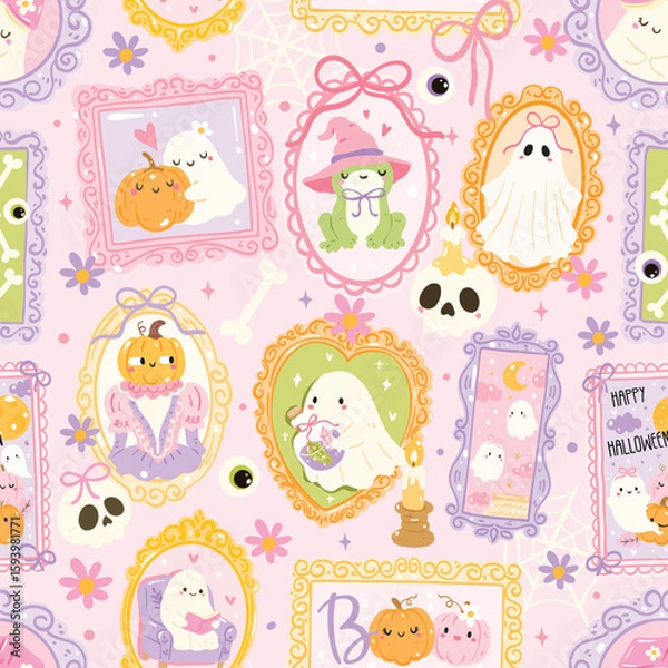Obraz Pastel Halloween Ghost Portrait Seamless Pattern, Cute Spooky Frames and Characters
