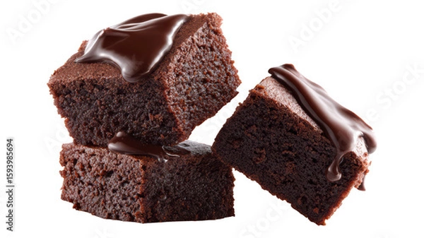 Fototapeta Three chocolate fudge brownies with rich sauce on a transparent background.