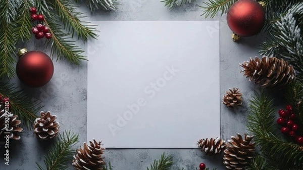 Obraz A blank white card for a personalized holiday message, adorned with red baubles and green pine cones.