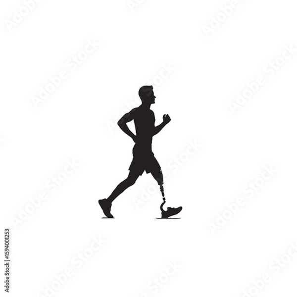 Fototapeta Person with Prosthetic Limb Jogging Silhouette on White Background – Vector Illustration for Adaptive Fitness, Symbolic Resilience, and Motivational Movement Concepts