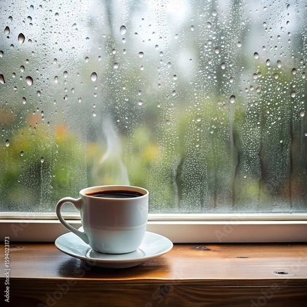 Obraz A cup of coffee on a windowsill during a rainy day