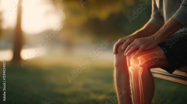 Fototapeta Lifestyle image of close-up view of a painful pain Knee Osteoarthritis severe Articular cartilage discomfort augmented overlay on the knee with glowing red pain semi-transparent bone and joints