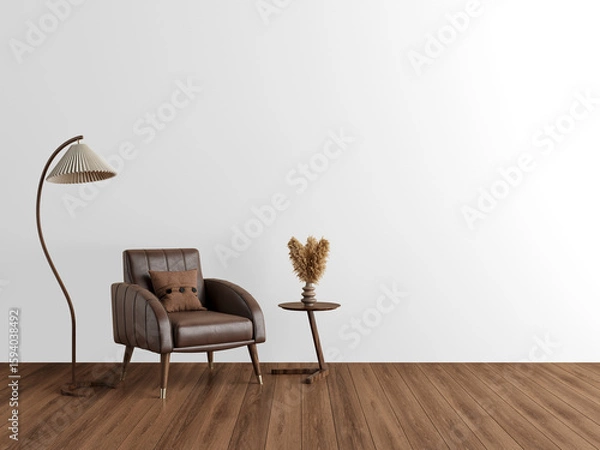 Fototapeta Vintage leather armchair with floor lamp and side table with dried flowers on transparent background