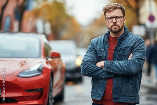 Fototapeta Angry man standing next to his electric car, with the battery running out before reaching his destination, calling for breakdown assistance and waiting for help, Generative AI
