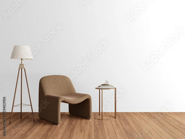 Fototapeta Minimalist curved chair with tripod lamp and side table on transparent background with shadow