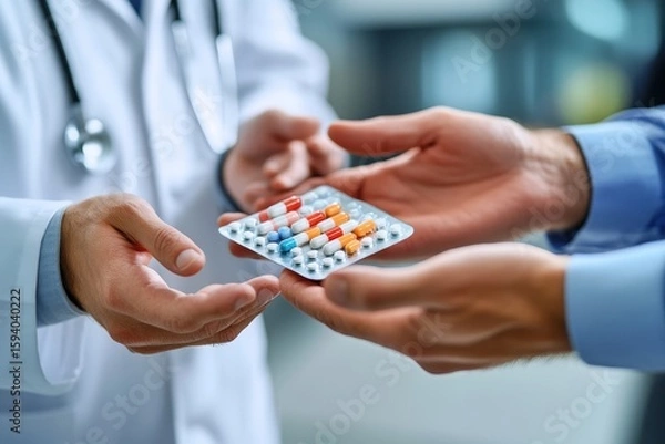Fototapeta Pharmaceutical sales representative presenting new medication to a doctor in a medical building, discussing the latest advancements in treatments, Generative AI