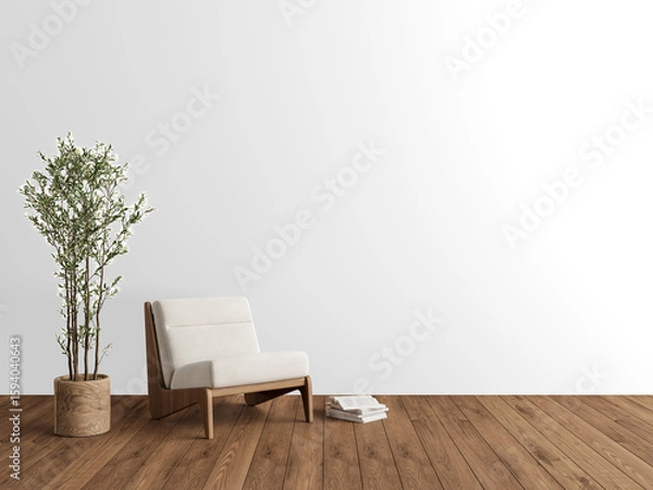 Fototapeta Low-profile lounge chair with stack of books and potted tree on transparent background with shadow