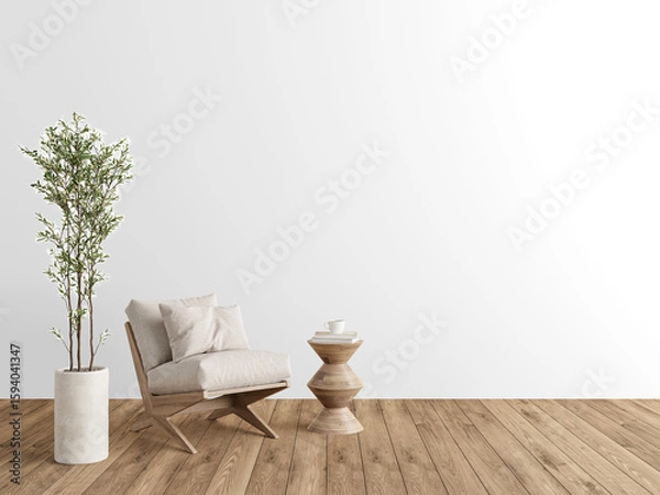 Fototapeta Cozy accent chair with plush cushions and geometric wood table on transparent PNG with shadow