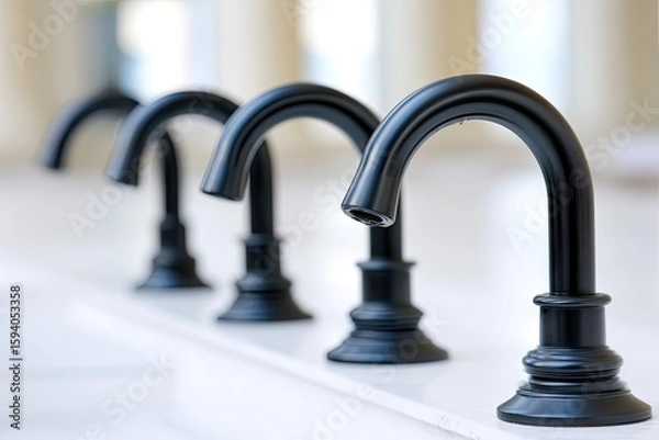 Fototapeta Four black touchless faucets arranged in a row