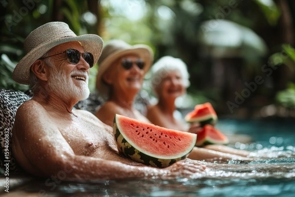 Fototapeta Group of cheerful seniors sitting at the edge of a pool, with their legs in the water and enjoying watermelon, embodying the joy of outdoor relaxation and friendship, Generative AI