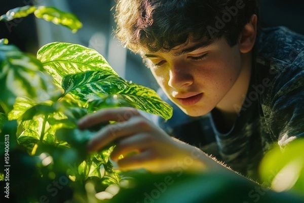 Fototapeta Young man with Down syndrome working in a garden center, holding a clipboard and checking plants, illustrating the value of inclusive workplaces and support for individuals, Generative AI