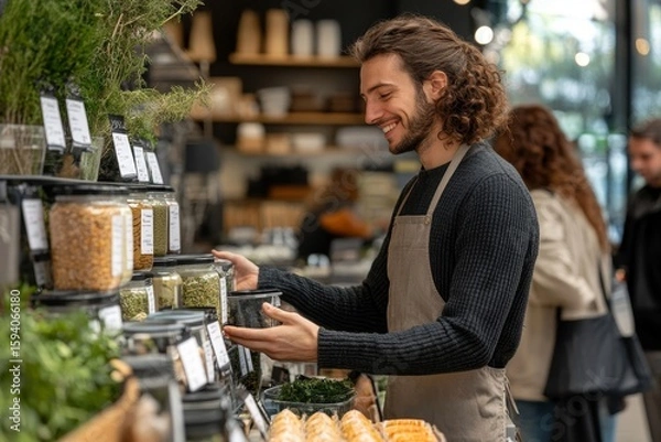 Fototapeta Handsome shop assistant serving a customer in a package-free store, using reusable containers and promoting zero-waste shopping practices in a sustainable retail environment, Generative AI