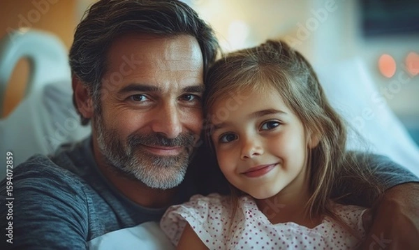 Fototapeta Father and daughter visiting the mother in the hospital after surgery, offering emotional support to the patient during her recovery and emphasizing the importance of family care, Generative AI