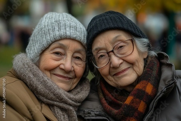 Fototapeta Happy senior twins sitting in a city park and resting after shopping, enjoying each others company and the joy of shared moments in a natural urban setting, Generative AI