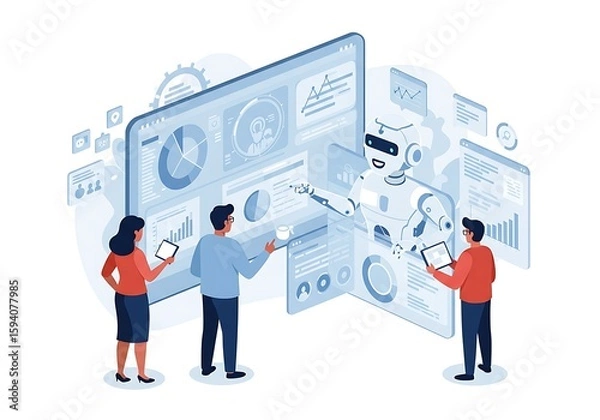 Obraz Team collaborates with an ai robot on a digital interface.