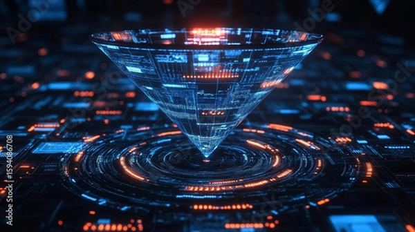 Fototapeta A digital funnel visualizing big data and 5G technology, symbolizing high-speed wireless connectivity, rapid data transmission, and seamless information flow in cyberspace.