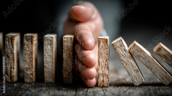 Fototapeta A businessman’s hand halts falling light beige wooden dominoes on a modern white table. Bright white background with empty caption space, symbolizing control, risk management, and preventing chain rea