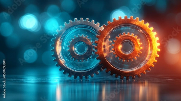 Fototapeta Two transparent 3D gears with a glassmorphism effect float elegantly on a smooth gradient background. Bright tones and blurred caption space highlight modern, futuristic, and minimalistic design.
