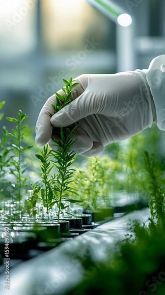 Fototapeta Researchers in a futuristic white lab explore bio-based materials and green technologies as sustainable manufacturing alternatives. Minimal white background with bright, shiny tones and caption space.