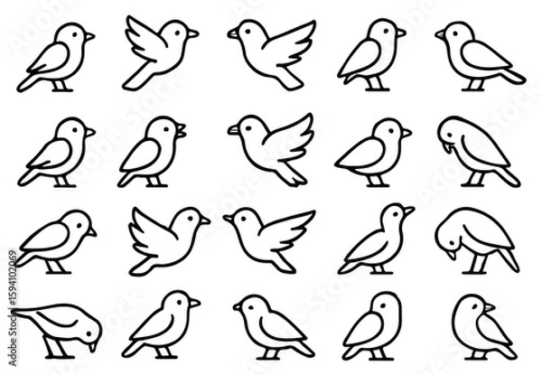 Fototapeta Minimalist Line Art Sparrow Icon Set in 20 Unique Bird Poses. Clean Black and White Vector Outline Illustrations Featuring Perching, Flying, Chirping, Feeding, and Walking Sparrow