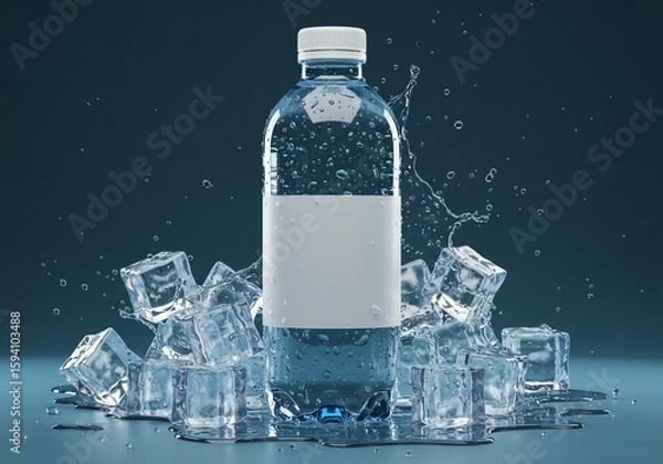 Fototapeta Splashing Water Bottle with Blank Label and Ice Cubes