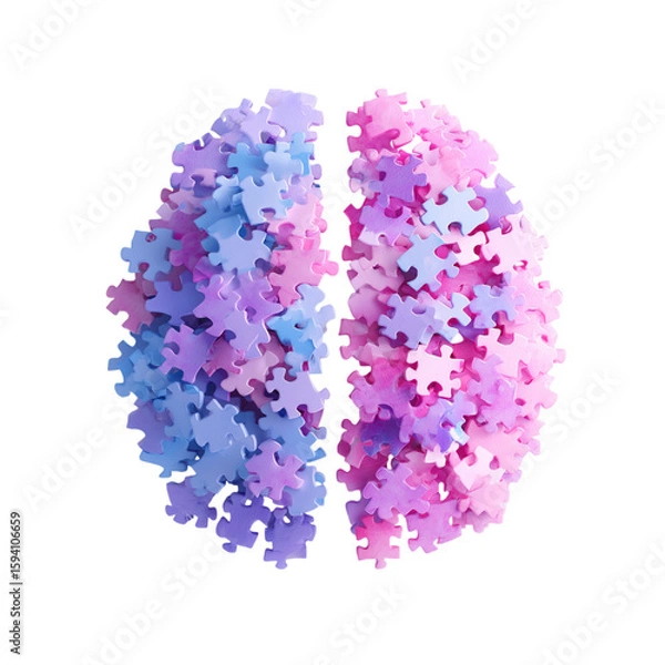 Fototapeta Abstract brain shape formed by colorful puzzle pieces isolated on transparent background