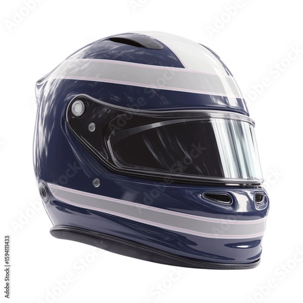 Fototapeta Sleek dark blue racing helmet with white and pink stripes isolated on transparent background