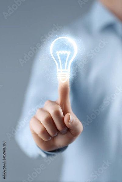 Obraz Hand Touching Glowing Light Bulb Icon Representing Idea