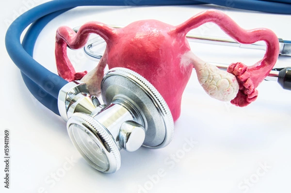 Fototapeta Anatomical 3D volume shape of womb or uterus with ovary near stethoscope, which examines it. Concept photo for exam or test, diagnosis and treatment disease, disorder or other health problems of womb