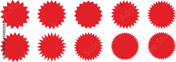 Obraz Set of red starburst. Price sticker, sale sticker, price tag, starburst, quality mark, retro stars, sale. Circle sticker set. red starburst shape tags for price tags	