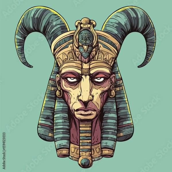 Fototapeta Ancient Egyptian Goat Demon Head Illustration with Hieroglyphs and Gold Accents. Mythology Portrait