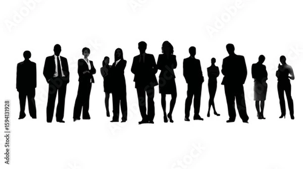 Fototapeta Group of Standing Business People in Different Professions Black Silhouette on White Background

