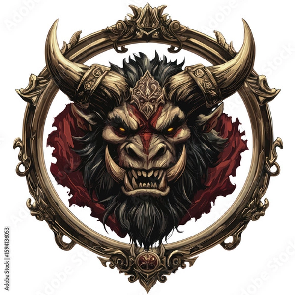 Fototapeta Savage Horned Skull Head Illustration with Dark Ornate Frame and Red Accents. Gothic Fantasy Portrait