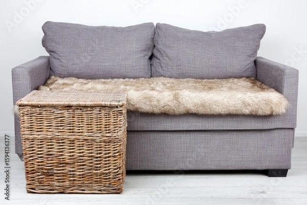 Fototapeta Gray couch with faux fur throw and wicker side table