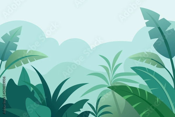 Fototapeta Serene Tropical Foliage With High Depth Foggy Background