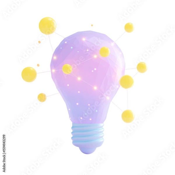 Fototapeta Abstract 3d lightbulb with connected yellow spheres and glowing particles isolated on transparent background