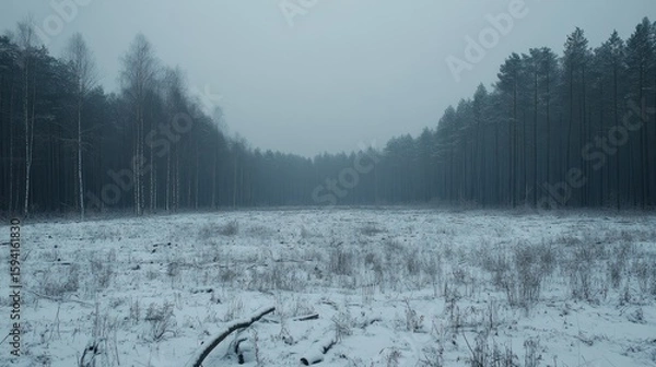 Fototapeta Winter forest vista in a light snow.  A wide, snowy field stretches into a dark coniferous forest.  Misty atmosphere