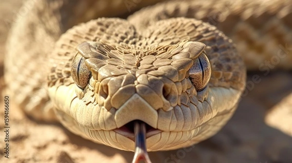 Fototapeta Close-up of a snake's head.  Scales, eyes, and forked tongue prominent.  Beige and tan colors.  Desert-like background
