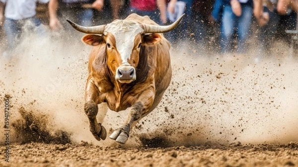 Fototapeta Powerful bull in full sprint, kicking up dust