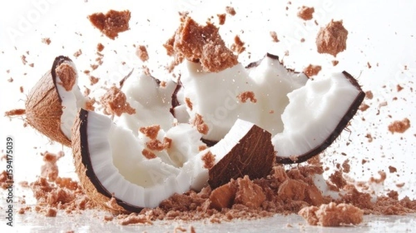 Fototapeta Coconut halves exploding, white flesh and brown shell shards