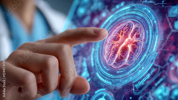 Fototapeta Human finger touching digital brain interface with glowing neural